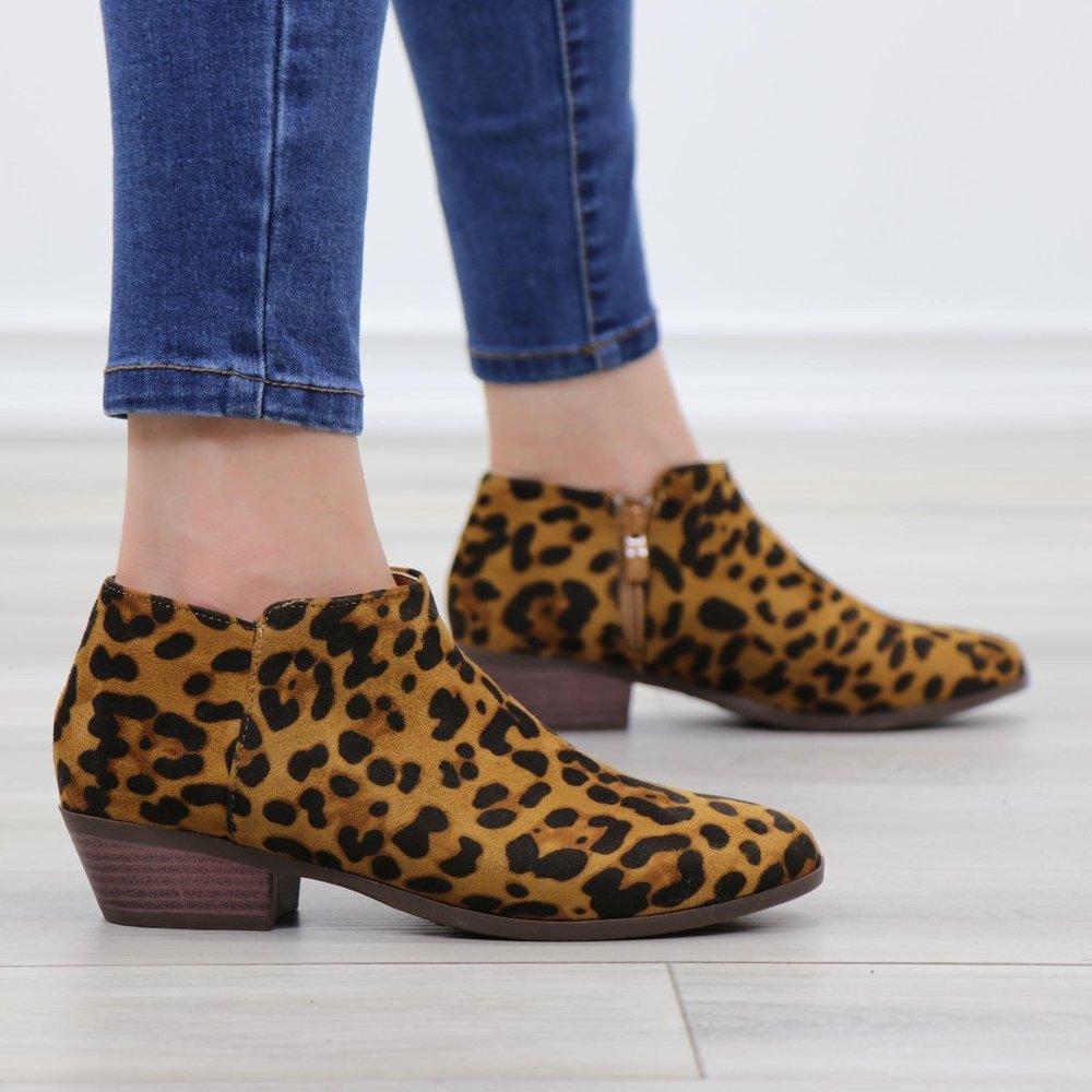 Faux Sude Leopard Low Heel Ankle Boots - Picture 2 of 13